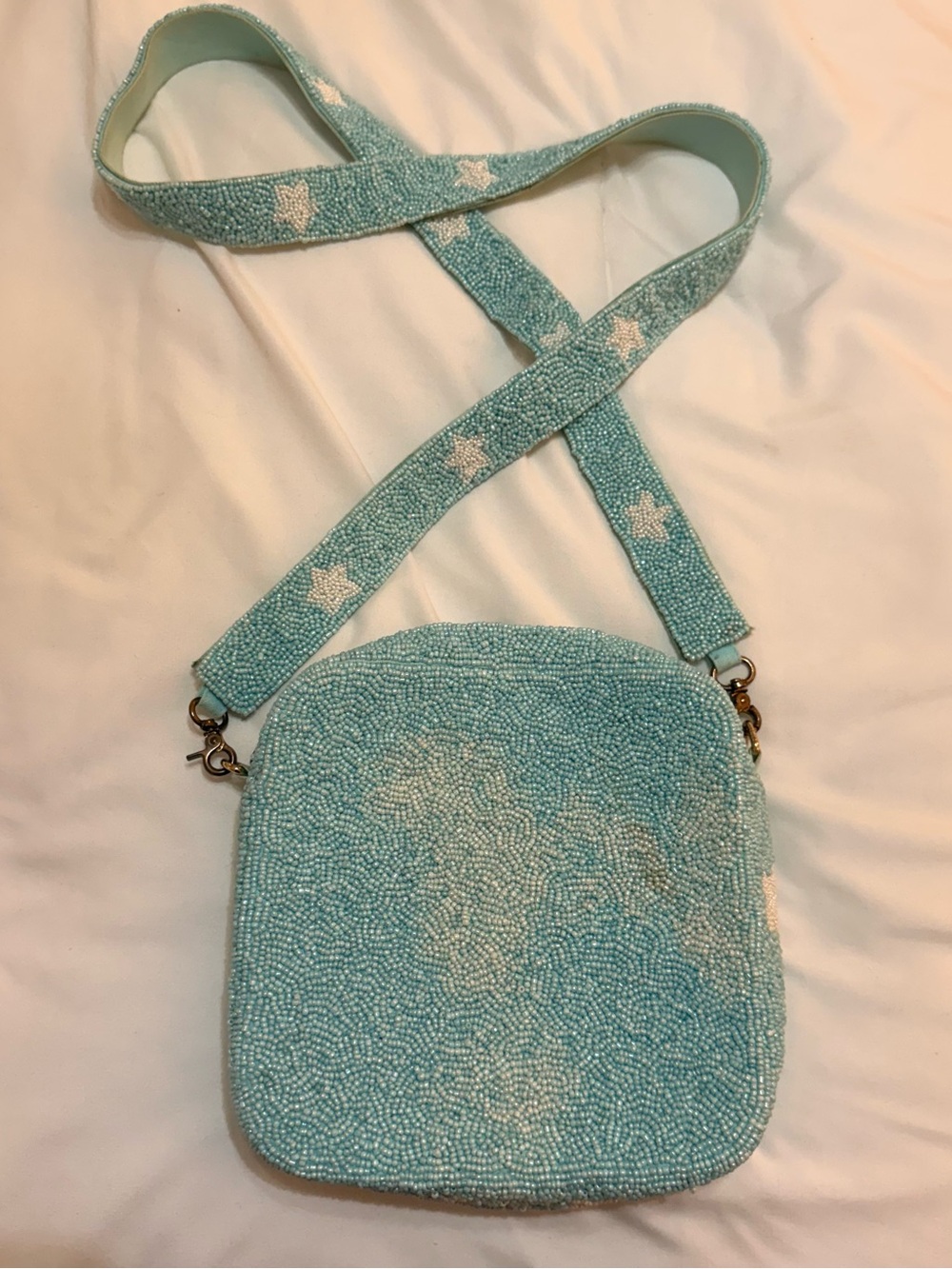Star-Accent Beaded Crossbody Bag in Light Blue